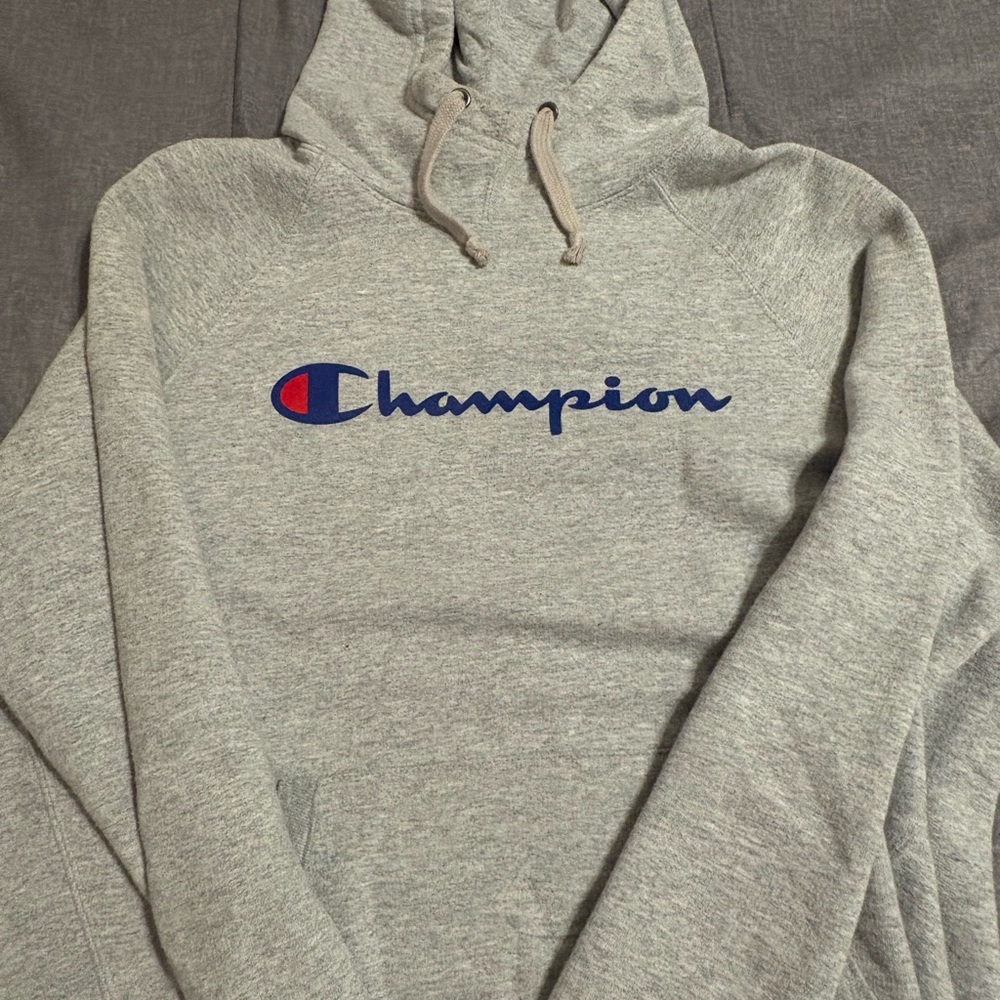 Champion Gray Sweater with Iconic Logo and Hood